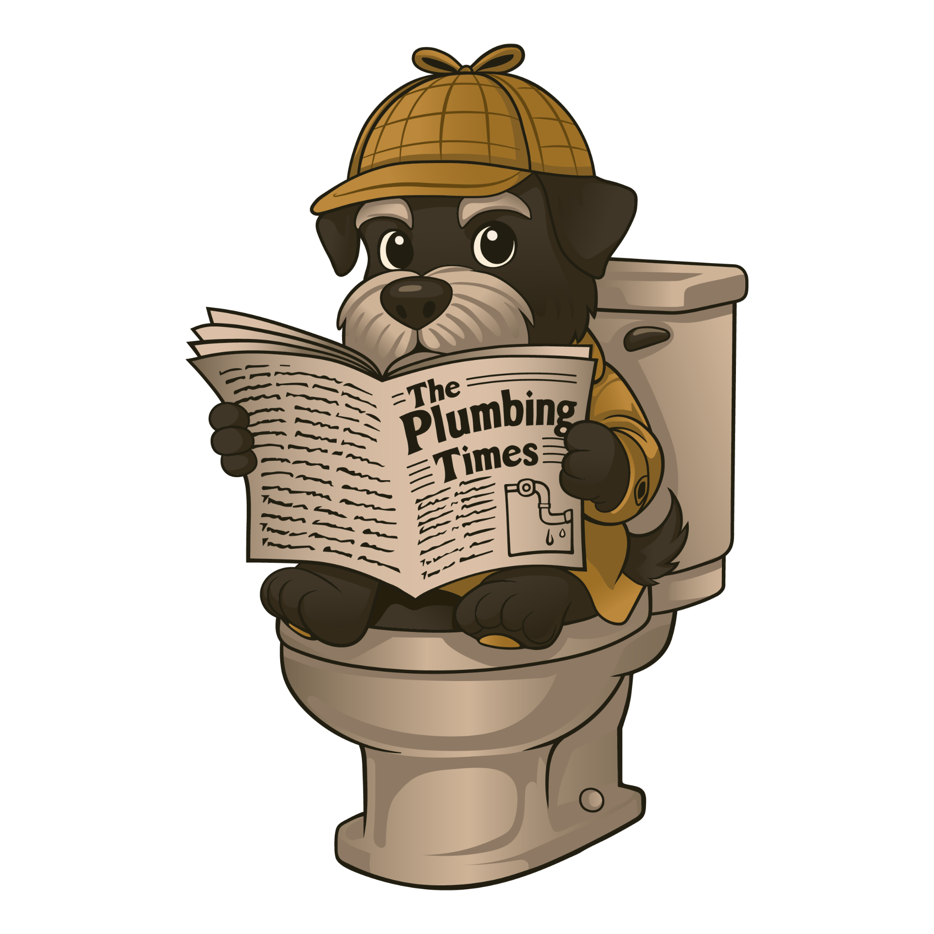 Plumbing Detectives mascot reading The Plumbing Times